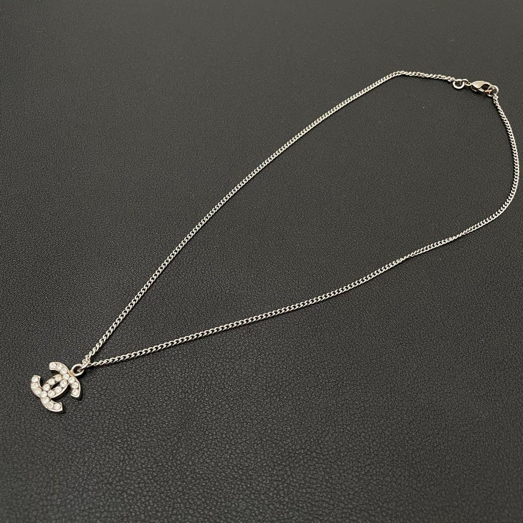 Chanel CC Logo Necklace Rhinestone Icon Silver — view 4
