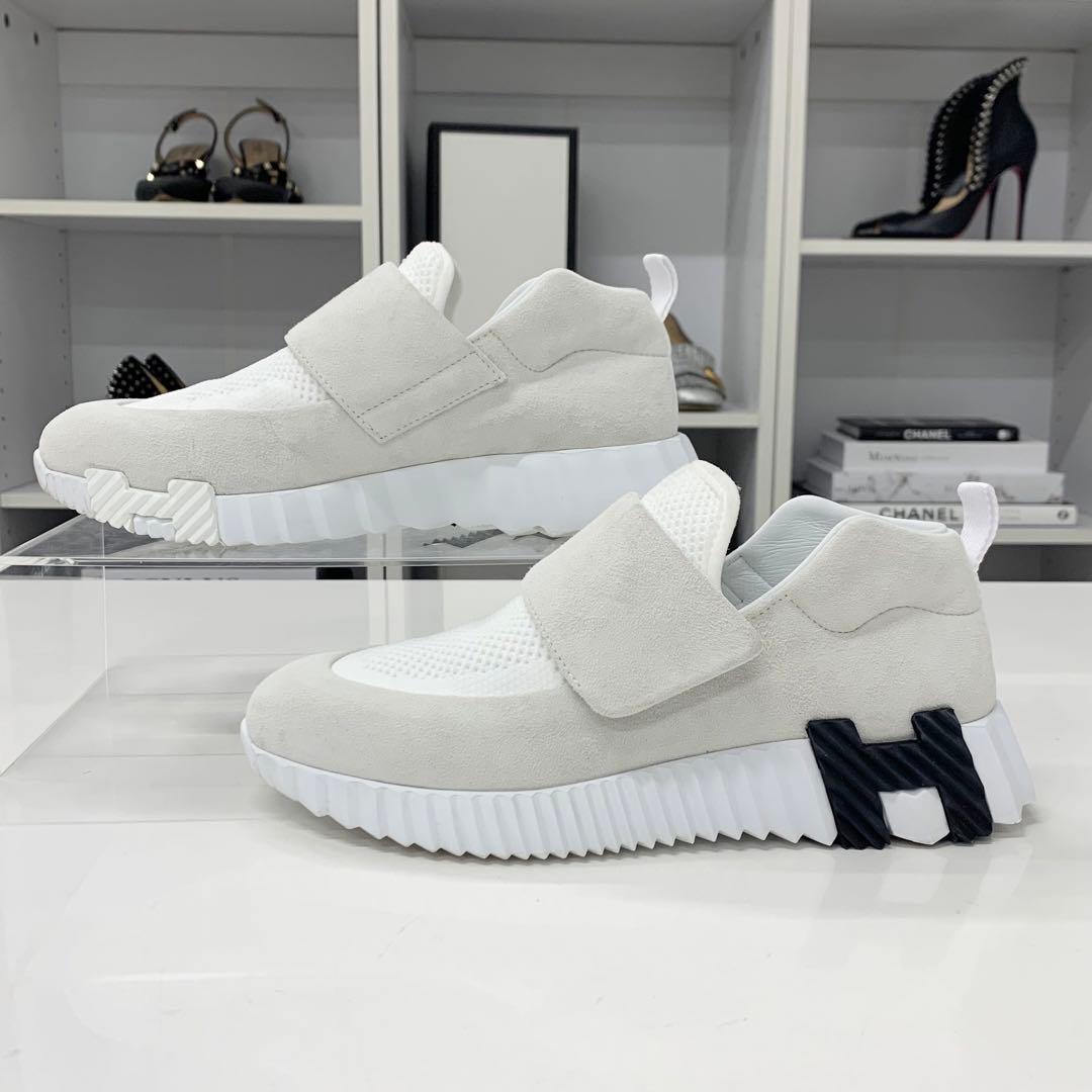 Hermes H Suede Fabric Velcro Sneakers White — view 2