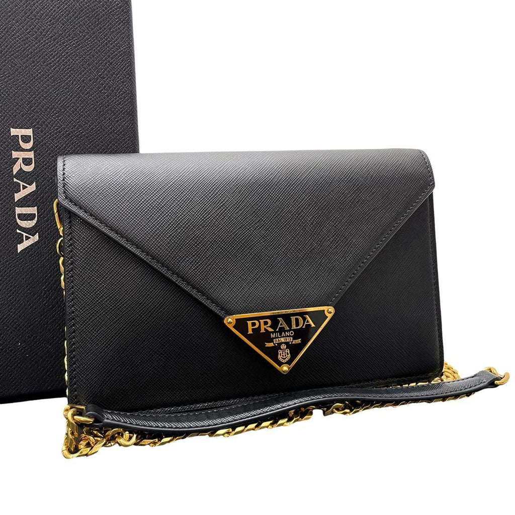 Prada Saffiano Triangle Plate Logo Chain Shoulder Bag Black