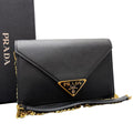 Prada Saffiano Triangle Plate Logo Chain Shoulder Bag Black