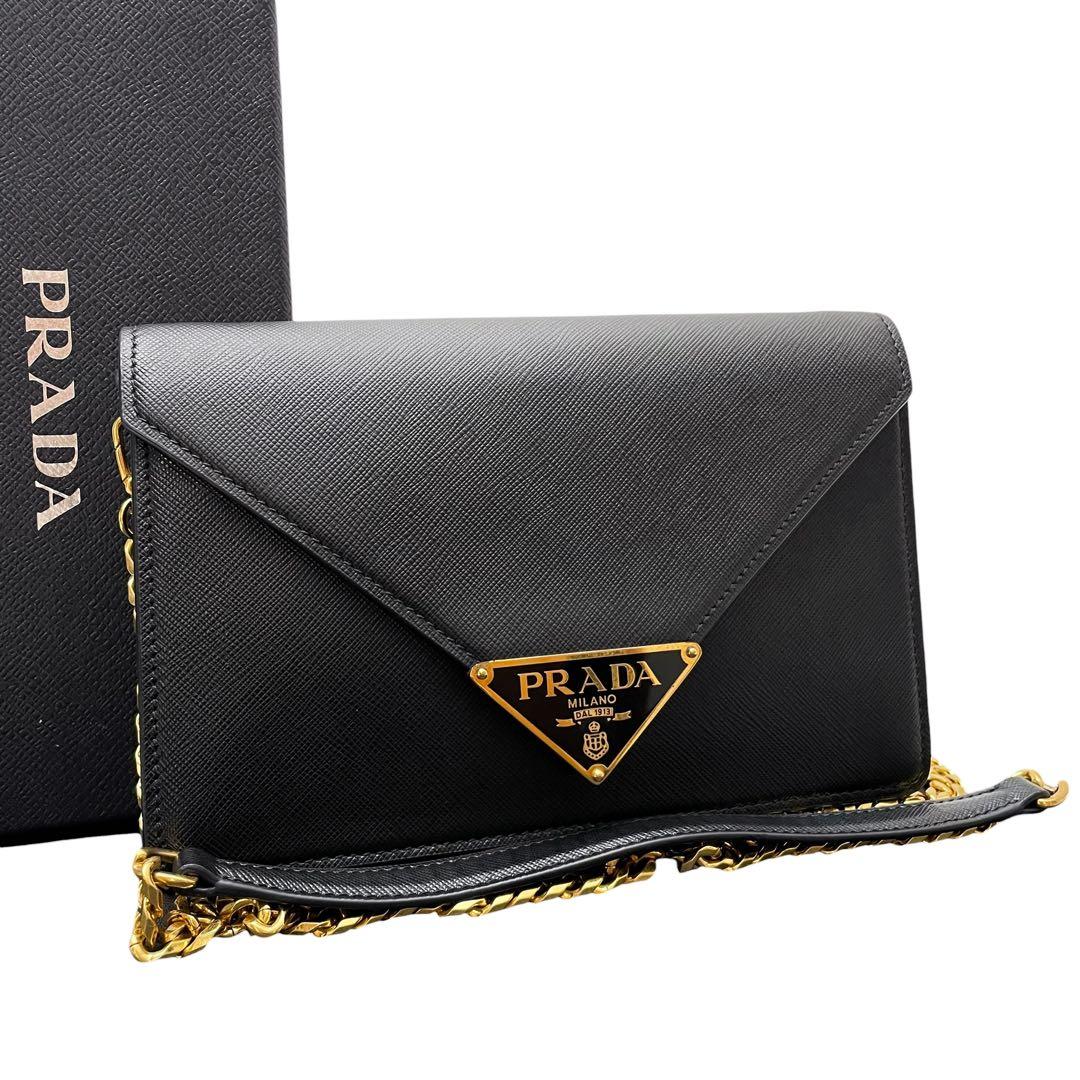 Prada Saffiano Triangle Plate Logo Chain Shoulder Bag Black