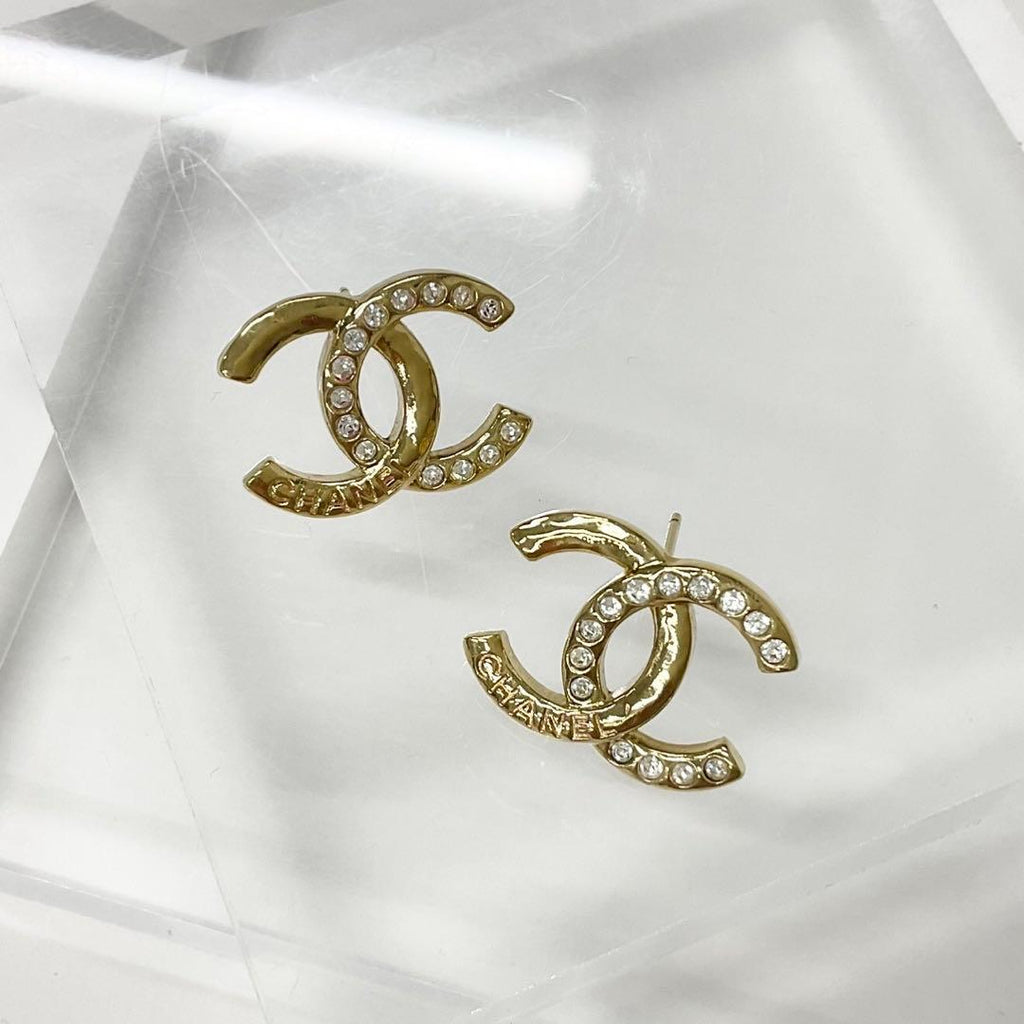Chanel Earrings CC Logo Rhinestone Gold