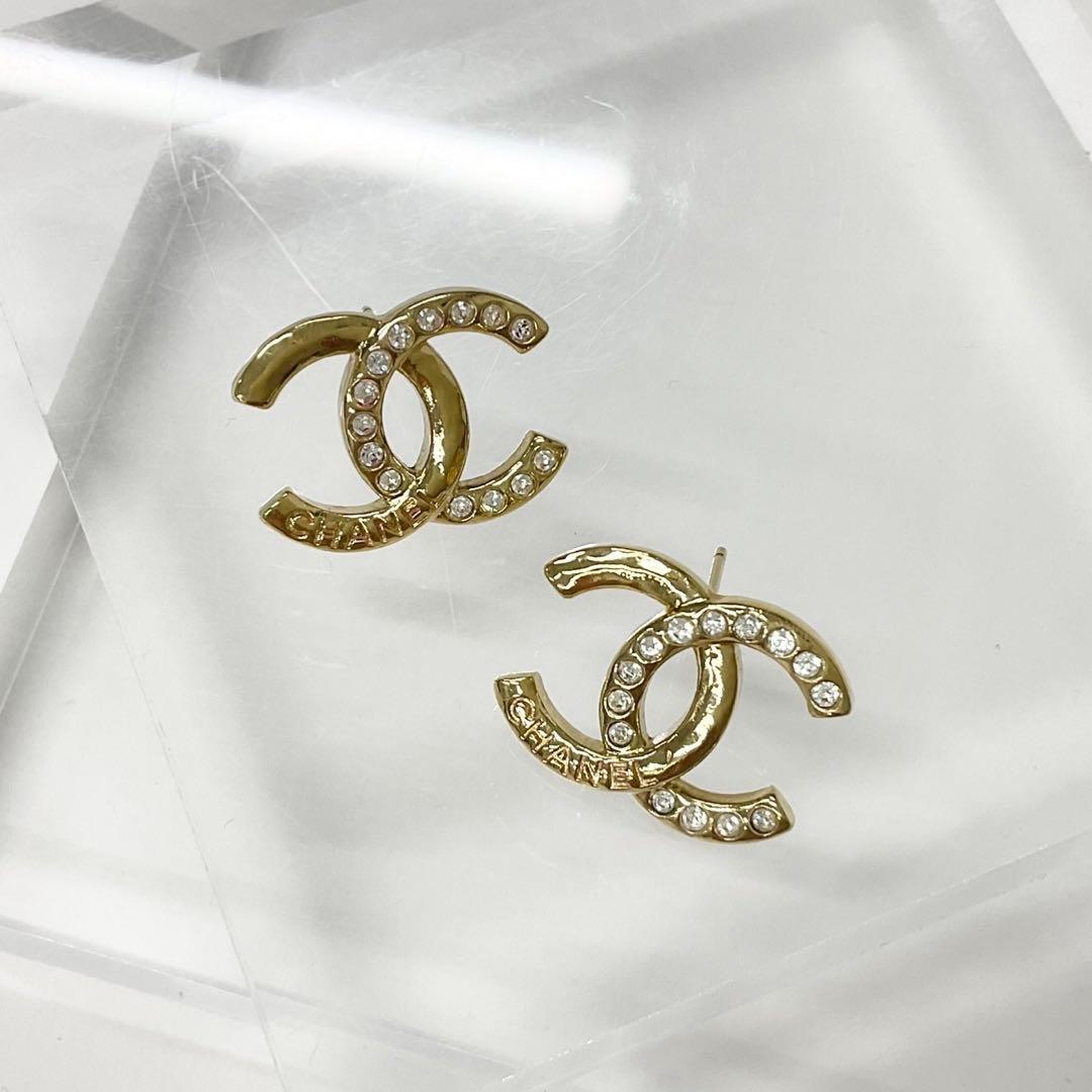 Chanel Earrings CC Logo Rhinestone Gold