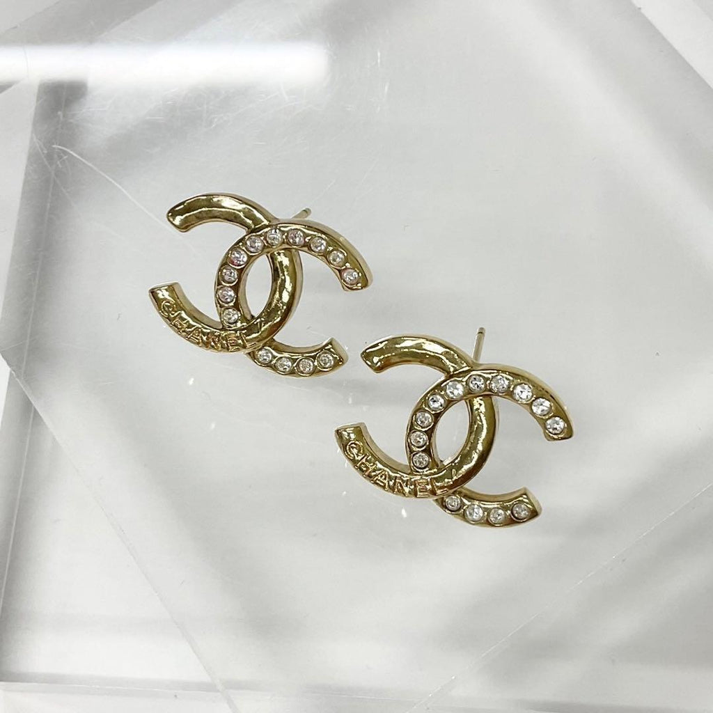 Chanel Earrings CC Logo Rhinestone Gold — view 2