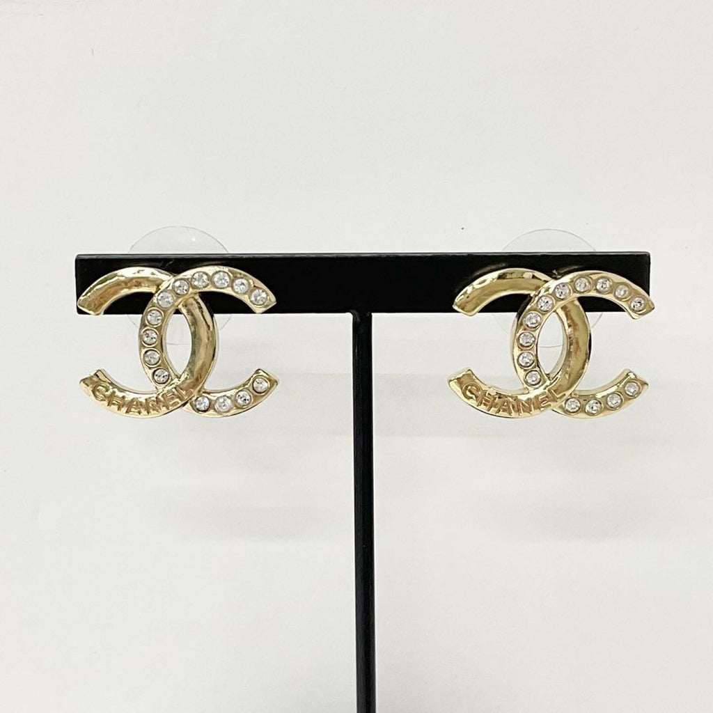 Chanel Earrings CC Logo Rhinestone Gold — view 6