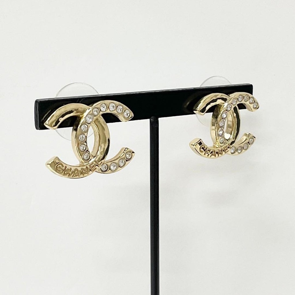 Chanel Earrings CC Logo Rhinestone Gold — view 7