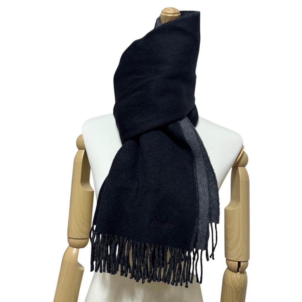 Hermes Scarf Black Gray Fringe No