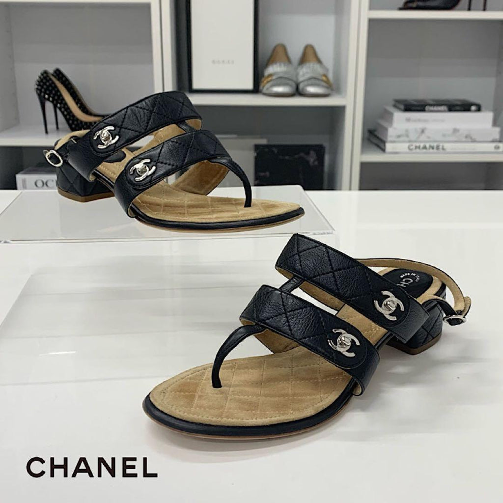 Chanel CC Logo Leather Quilted Strap Sandals Black