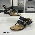 Chanel CC Logo Leather Quilted Strap Sandals Black