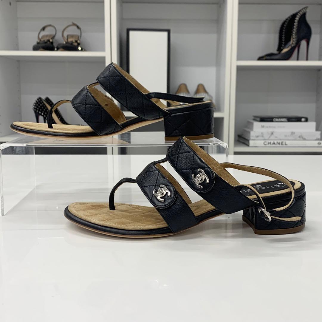 Chanel CC Logo Leather Quilted Strap Sandals Black — view 2