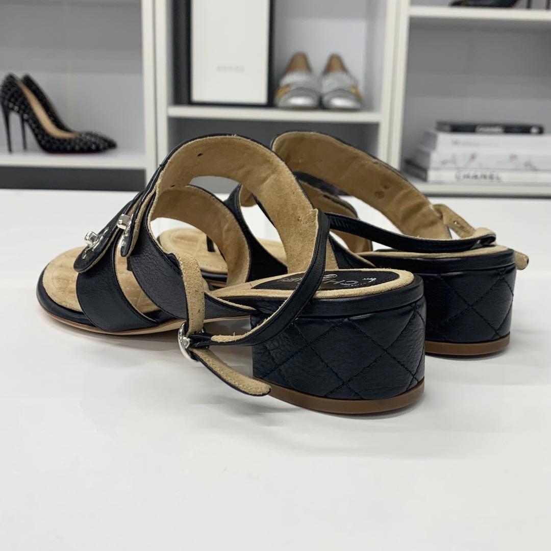 Chanel CC Logo Leather Quilted Strap Sandals Black — view 5