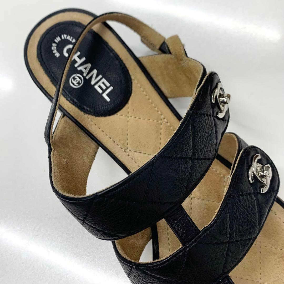 Chanel CC Logo Leather Quilted Strap Sandals Black — view 8