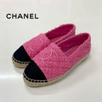 Chanel CC Logo Espadrilles Tweed Leather Flat Shoes Pink