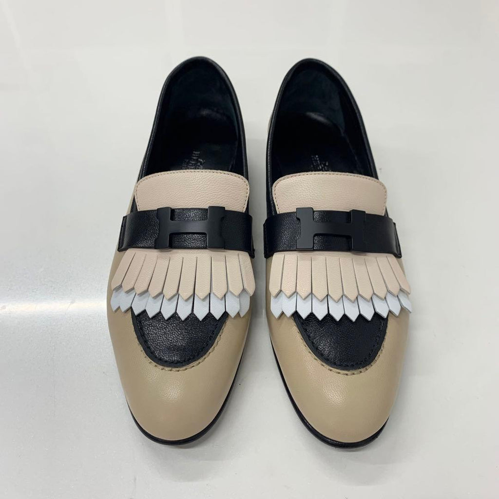 Hermes Royale Leather Hhardware Fringe Loafers Beige Black — view 2
