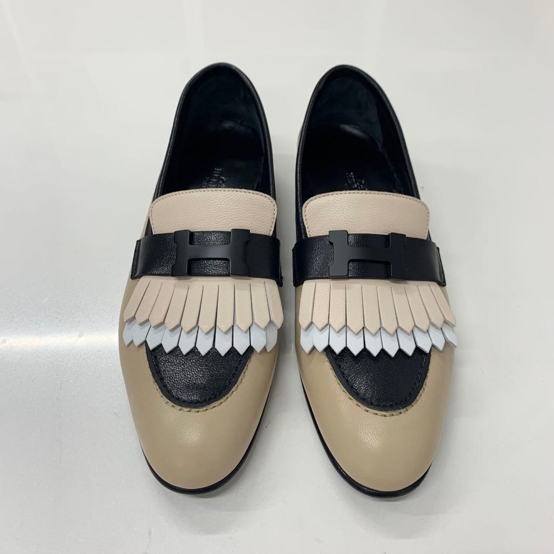 Hermes Royale Leather Hhardware Fringe Loafers Beige Black — view 2