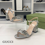 Gucci GG Marmont Leather Sequin Strap Sandals Silver