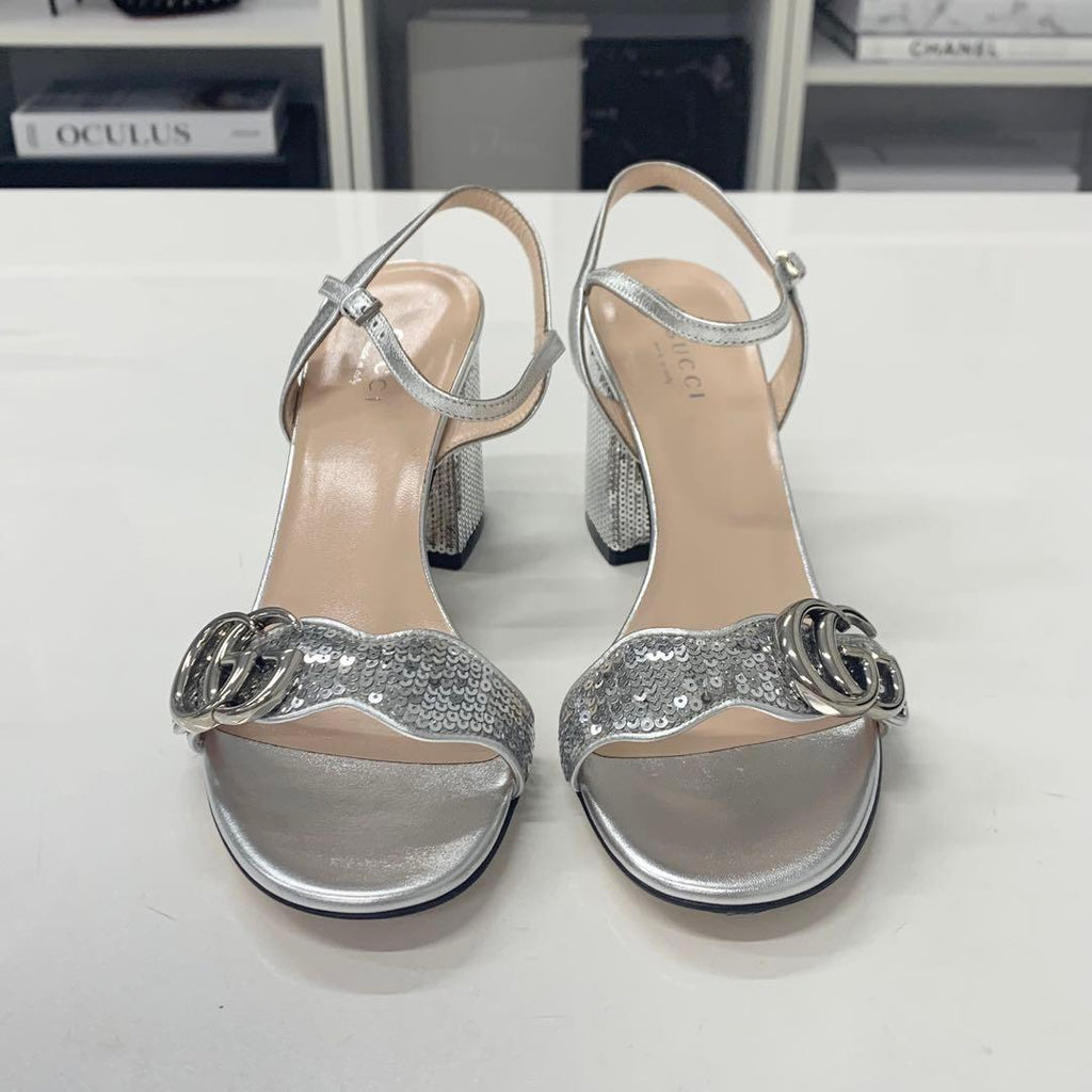 Gucci GG Marmont Leather Sequin Strap Sandals Silver — view 4