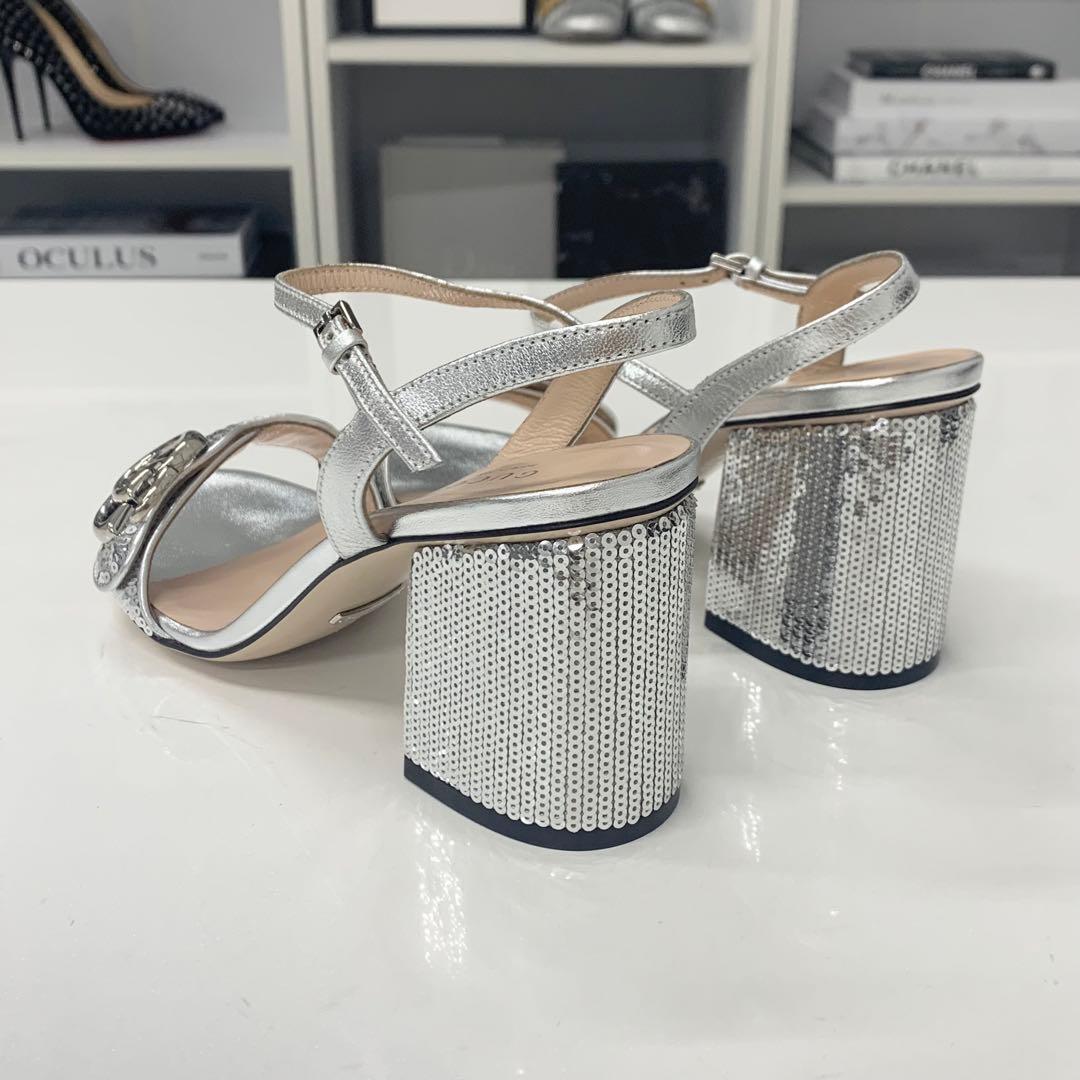 Gucci GG Marmont Leather Sequin Strap Sandals Silver — view 5