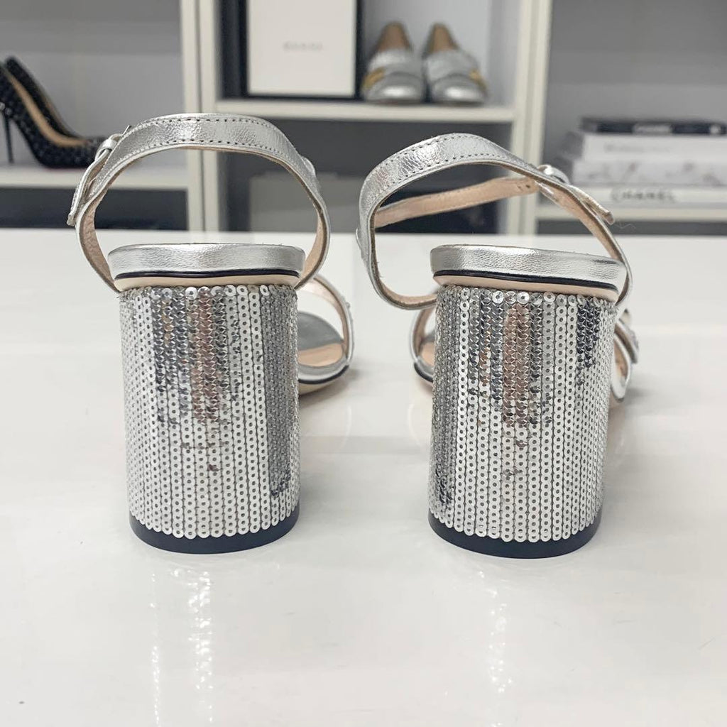 Gucci GG Marmont Leather Sequin Strap Sandals Silver — view 6