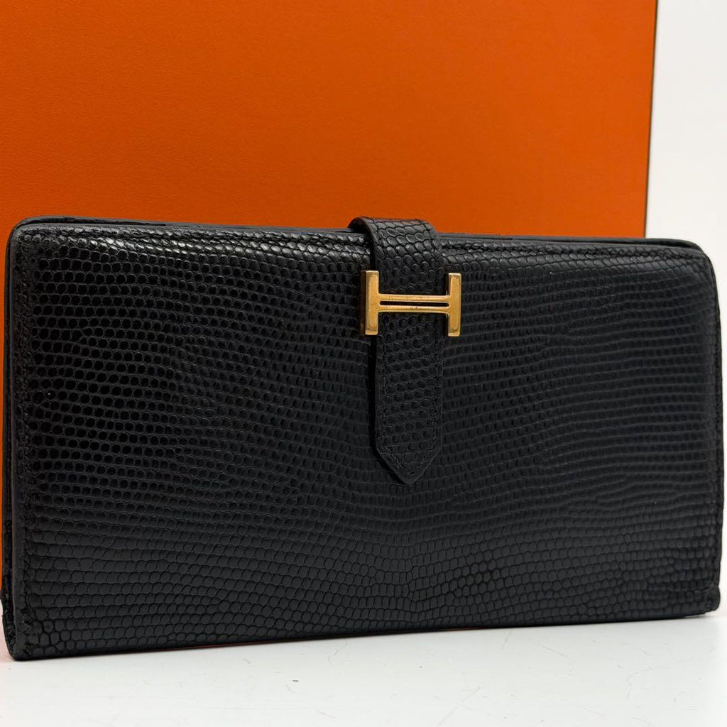 Hermes Bearn Classic Lizard Black Wallet Gold