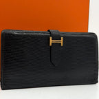 Hermes Bearn Classic Lizard Black Wallet Gold