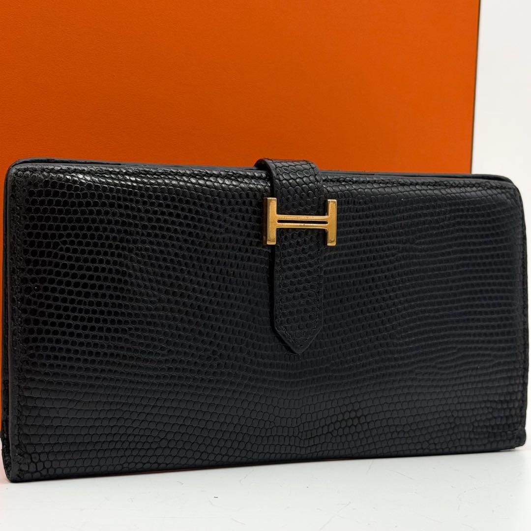 Hermes Bearn Classic Lizard Black Wallet Gold