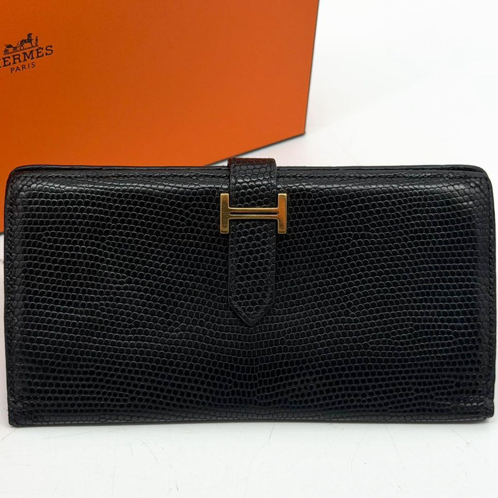 Hermes Bearn Classic Lizard Black Wallet Gold — view 2