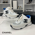 Chanel CC Logo Leather Fabric Suede Sneakers White