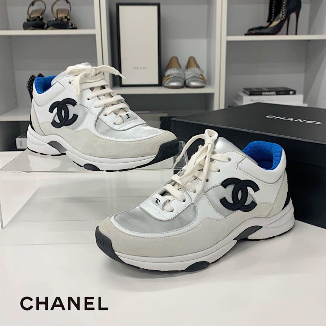 Chanel CC Logo Leather Fabric Suede Sneakers White