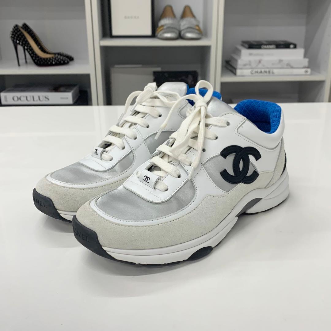 Chanel CC Logo Leather Fabric Suede Sneakers White — view 3