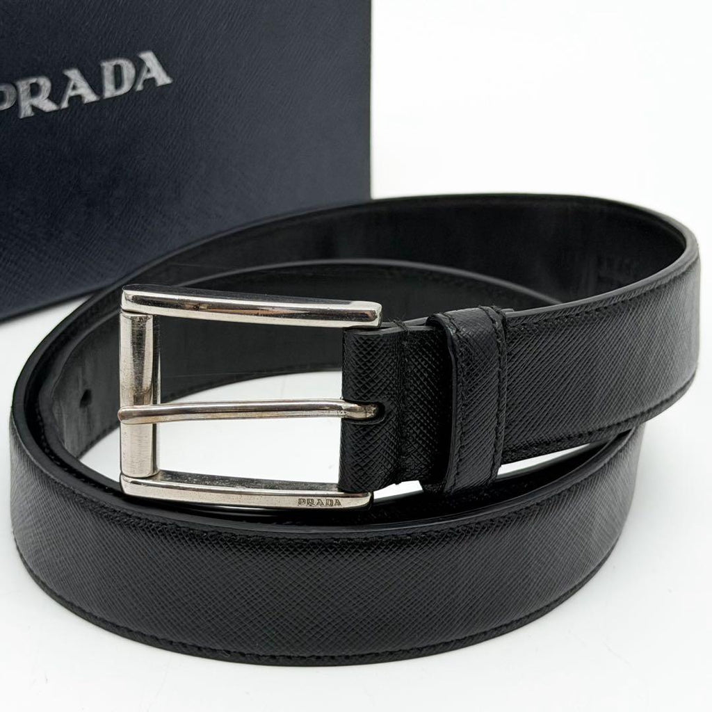 Prada Saffiano Leather Belt Black Silver Classic
