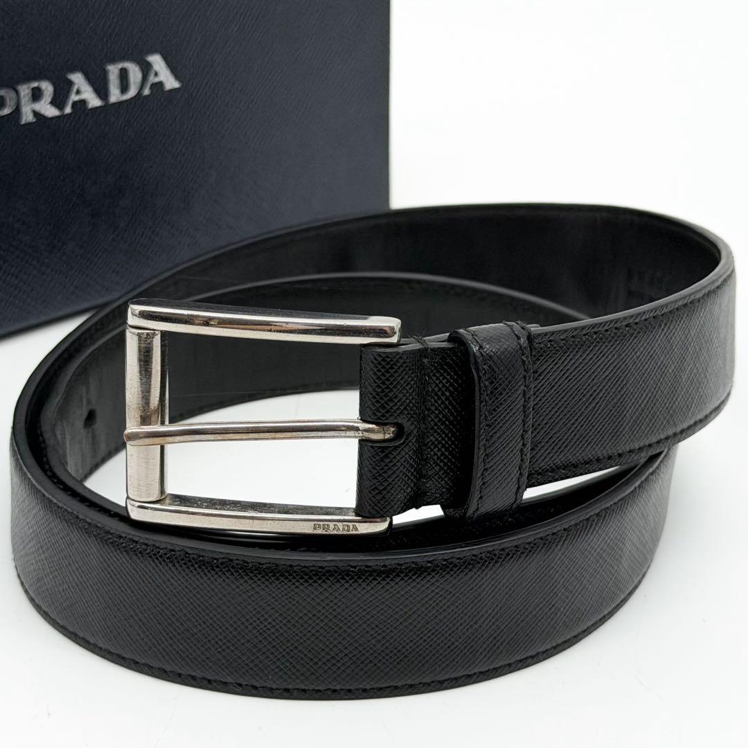 Prada Saffiano Leather Belt Black Silver Classic