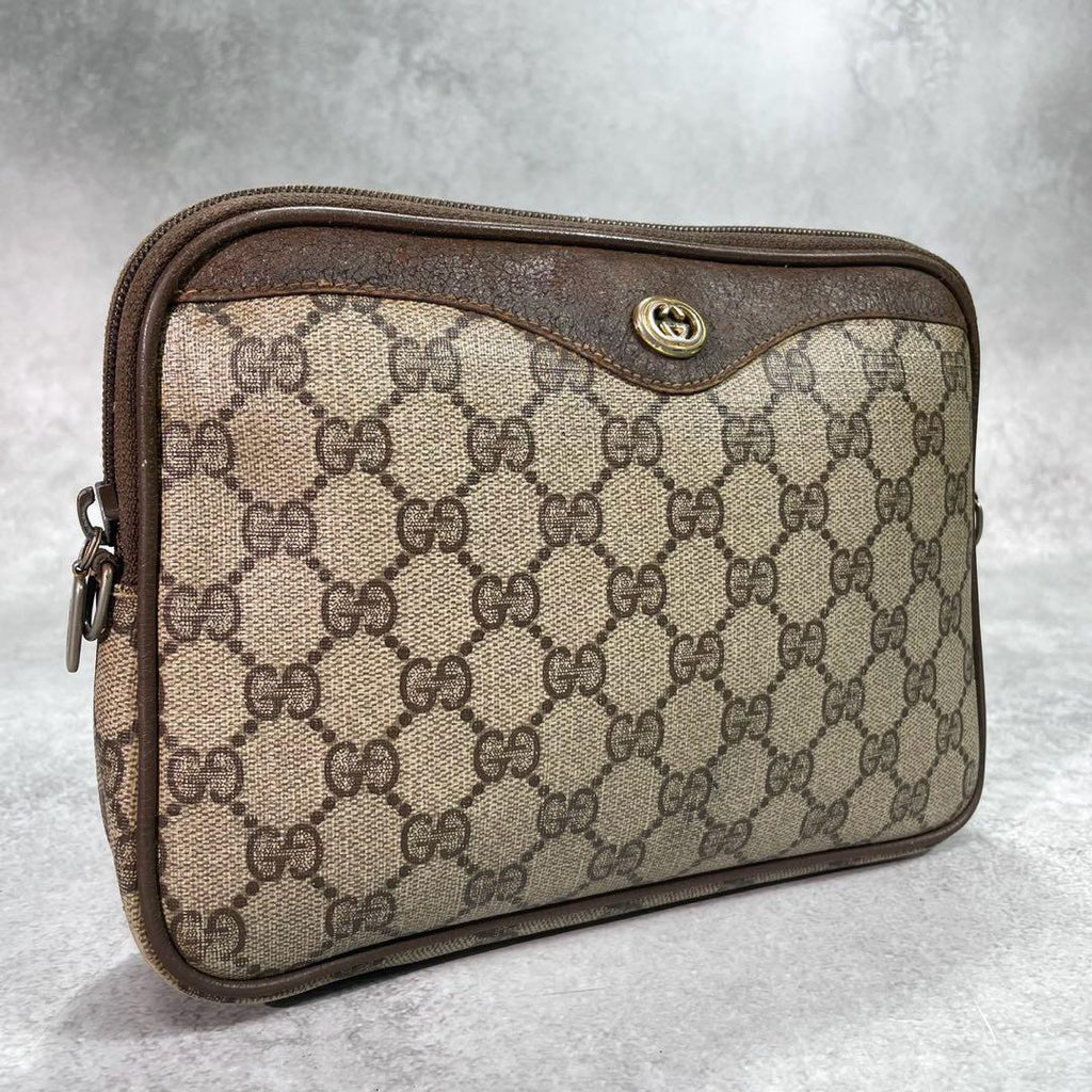 Gucci GG Clutch Brown Beige Logo Leather