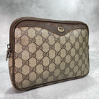 Gucci GG Clutch Brown Beige Logo Leather