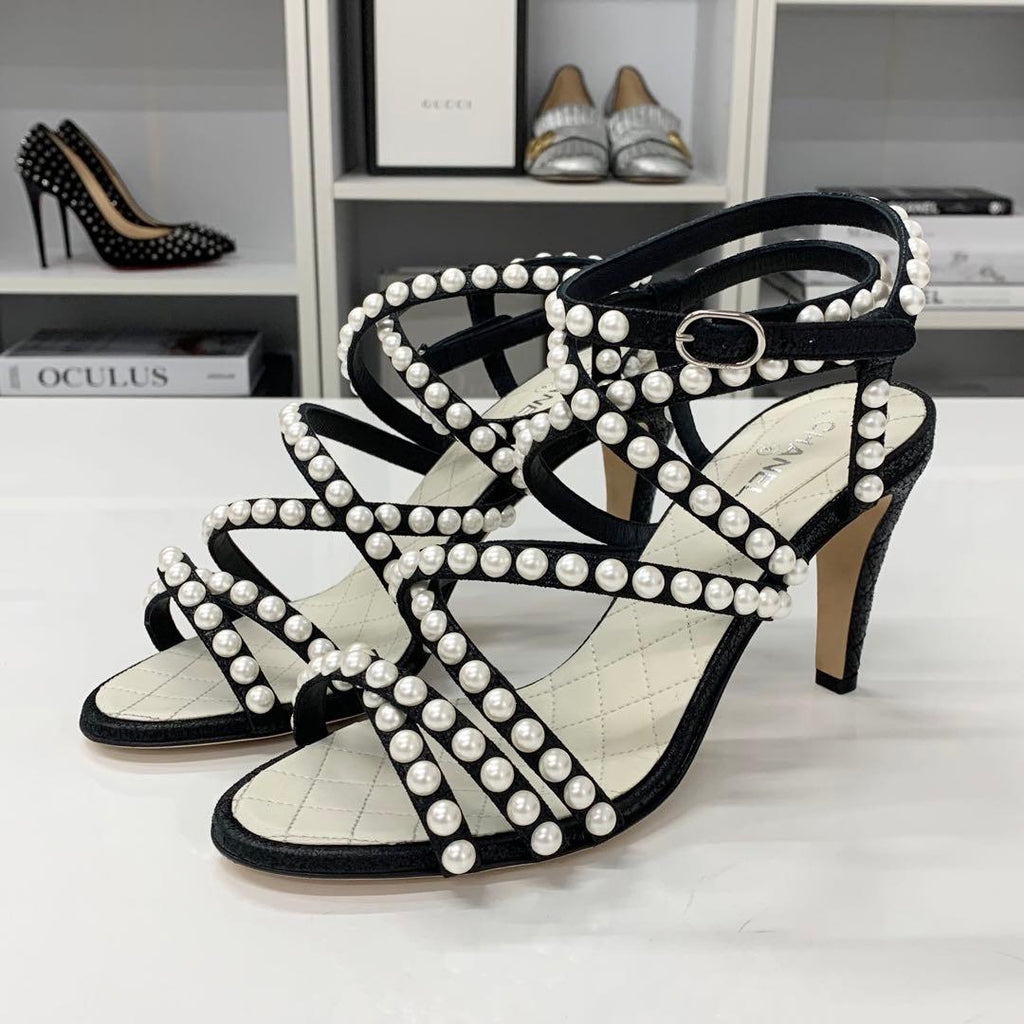 Chanel Leather CC Logo Pearl Quilted Strap Sandals Black — view 3
