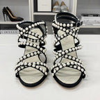 Chanel Leather CC Logo Pearl Quilted Strap Sandals Black — view 4