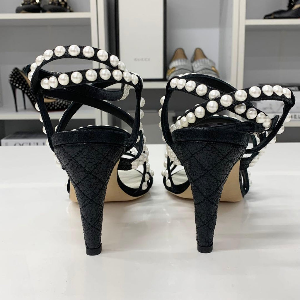 Chanel Leather CC Logo Pearl Quilted Strap Sandals Black — view 6