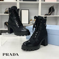 Prada Triangle Logo Nylon Leather Lace Up Short Boots