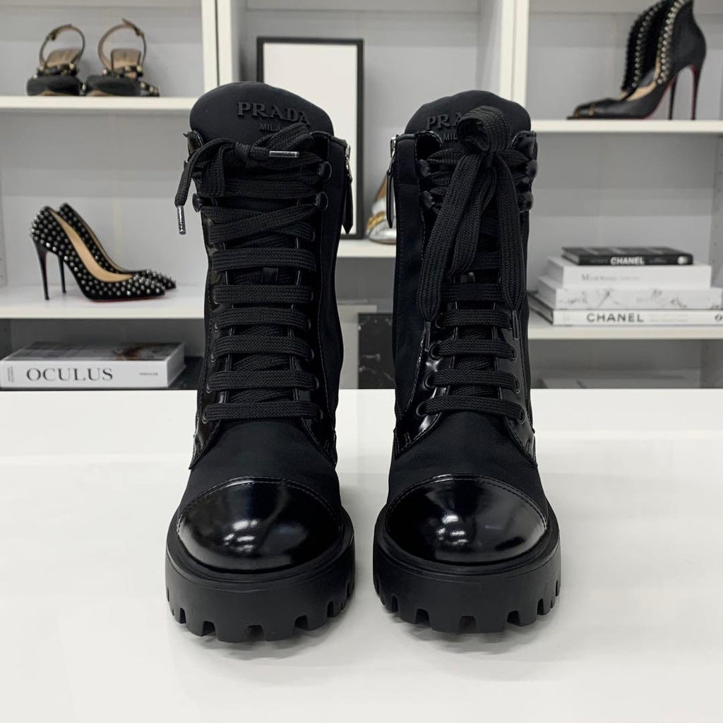 Prada Triangle Logo Nylon Leather Lace Up Short Boots — view 4
