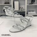 Chanel CC Logo Braided Leather Wedge Sole Sandals Silver