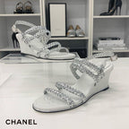 Chanel CC Logo Braided Leather Wedge Sole Sandals Silver