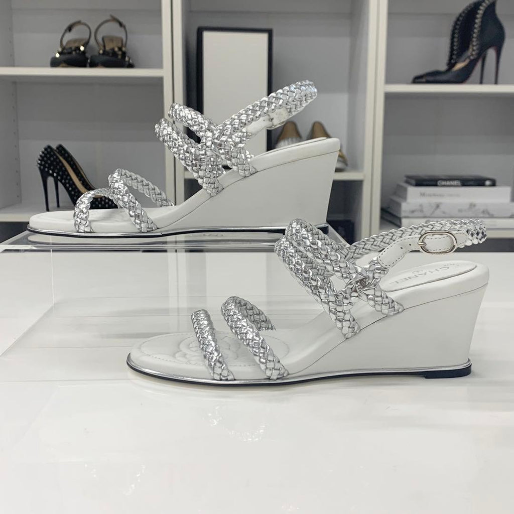 Chanel CC Logo Braided Leather Wedge Sole Sandals Silver — view 2