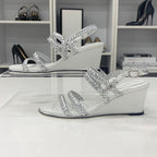 Chanel CC Logo Braided Leather Wedge Sole Sandals Silver — view 2