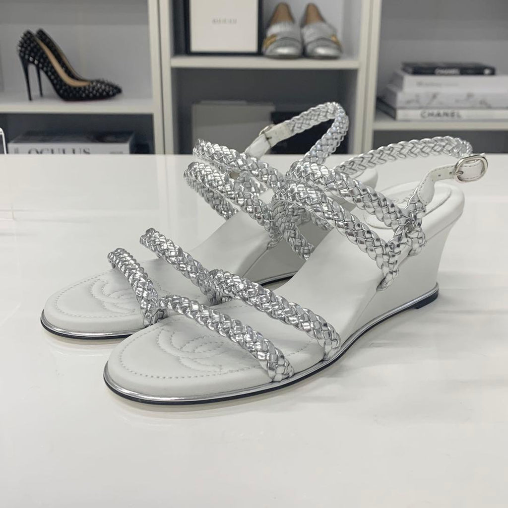 Chanel CC Logo Braided Leather Wedge Sole Sandals Silver — view 3