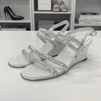 Chanel CC Logo Braided Leather Wedge Sole Sandals Silver — view 3
