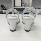 Chanel CC Logo Braided Leather Wedge Sole Sandals Silver — view 6