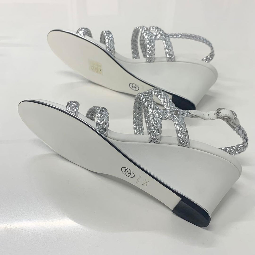 Chanel CC Logo Braided Leather Wedge Sole Sandals Silver — view 7