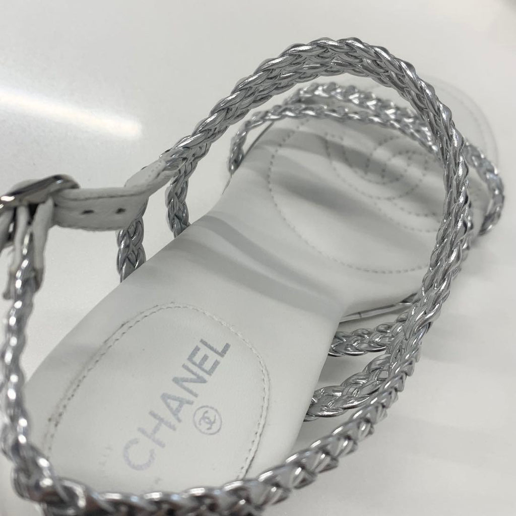 Chanel CC Logo Braided Leather Wedge Sole Sandals Silver — view 8