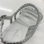 Chanel CC Logo Braided Leather Wedge Sole Sandals Silver — view 8