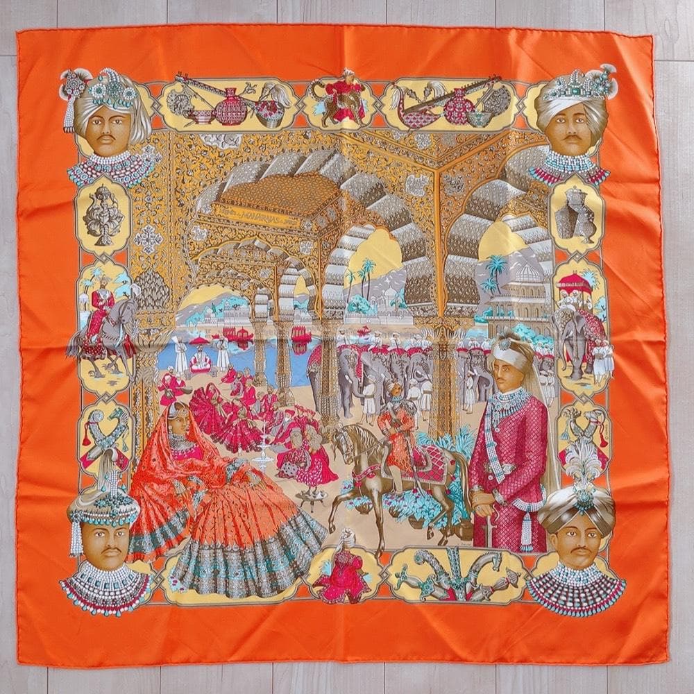 Hermes Carre 90 Maharaja Scarf Orange Silk
